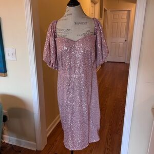 Elegant Pink Sequin cocktail Dress puff sleeve